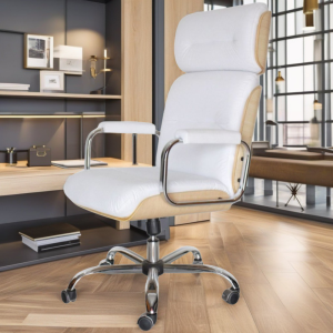 Cadeira Original Eames Presidente com Rodinhas Cromadas e Anti Risco Linha Capa em Madeira Branco